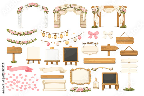Various decoration elements for weddings and events displayed together with floral designs, signs, and frames in different styles