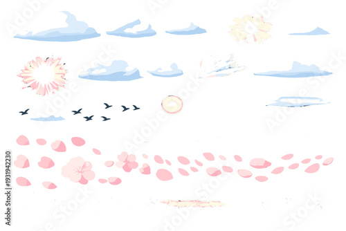 Clouds and flowers fill the sky and ground in a simple scene showing nature and seasonal changes during daylight hours