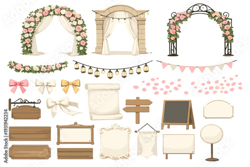 Decorative elements for events with floral arches, banners, signs, and lighting displayed for planning a celebration in a bright setting