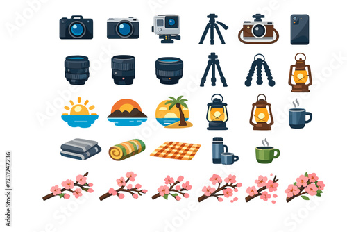 Variety of cameras, lenses, tripods, and outdoor items for photography and camping in a simple layout