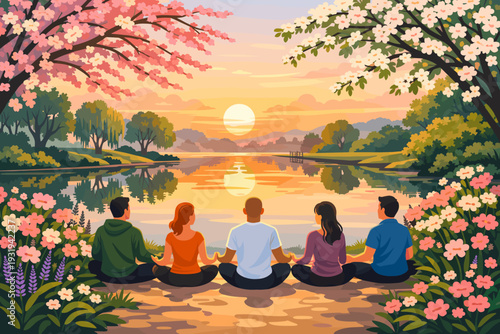People sit by a lake and watch the sunset while surrounded by trees and flowers in spring