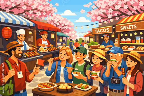 People enjoy food and drinks at a lively market with food stalls in a park during springtime