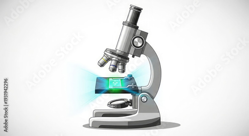 Silver microscope with glowing blue light on slide scientific research tool laboratory equipment