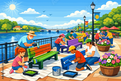 Community members paint park benches by the river during a sunny afternoon in a city