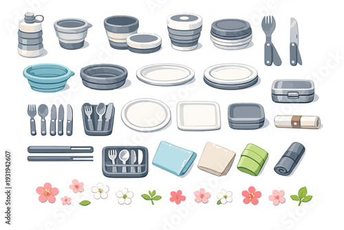 Collection of kitchen utensils and containers for food preparation and storage at a cooking space
