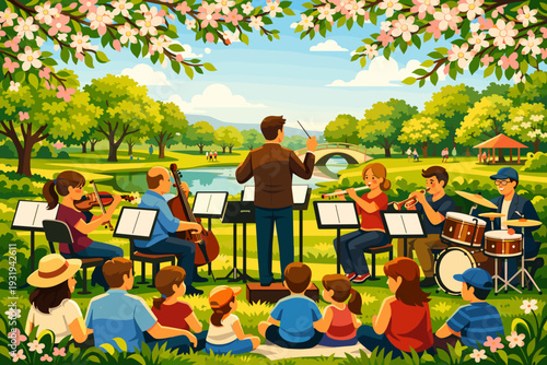 Outdoor music concert in a park with a band playing and audience enjoying on a sunny day
