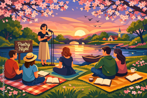 People enjoy poetry night by the lake as the sun sets behind the trees on a warm evening in spring