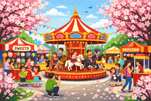 Busy carnival scene with people enjoying games and rides under blooming cherry trees in a city park during springtime