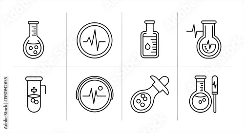 collection of scientific and medical laboratory icons illustrating concepts of research chemistry and health analysis for educational projects.