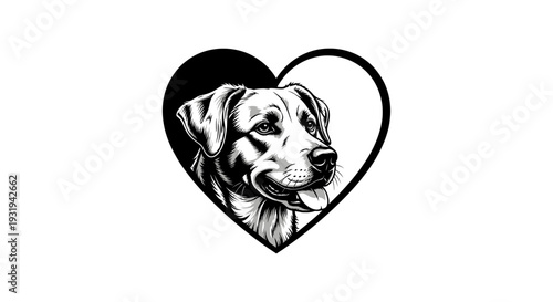 labrador retriever dog illustration in a heart shape showcasing pet love and loyalty in a black and white graphic design