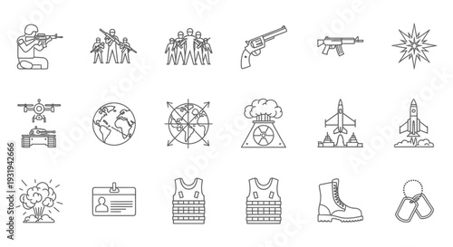 military war icons vector set illustrating global defense armed forces weapons and strategic conflict concepts