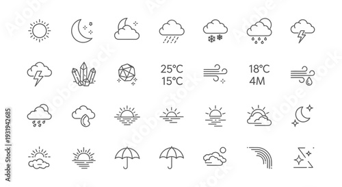 modern line art weather icons and climate symbols depicting various meteorological conditions for digital interfaces.