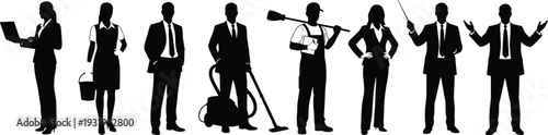 Silhouette professionals in diverse occupations illustration showing businesspeople, workers, teachers and cleaners symbolizing workforce diversity, roles, teamwork and careers.
