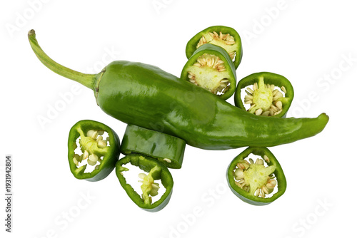 Whole and sliced fresh green jalapeno chili pepper Isolated on transparent background