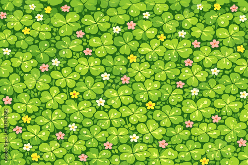 Lush green field with clover and small flowers in a sunny outdoor setting during spring