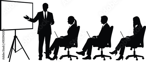 Silhouette vector illustration of business meeting presentation with team members using laptops, professional training seminar, corporate communication concept.