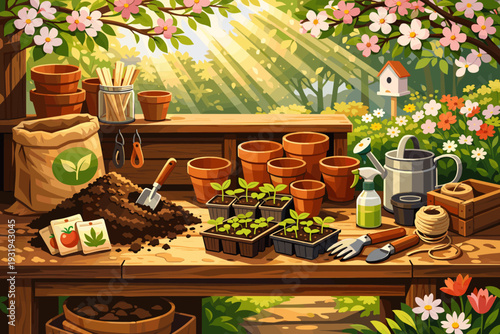 Gardening setup with pots, seedlings, and tools in a sunny garden with flowering trees