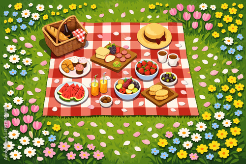 Picnic setup with food and drinks on a checkered blanket in a garden surrounded by flowers
