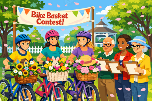 Participants gather for a bike basket contest at the park during a spring day in the afternoon with judges reviewing entries