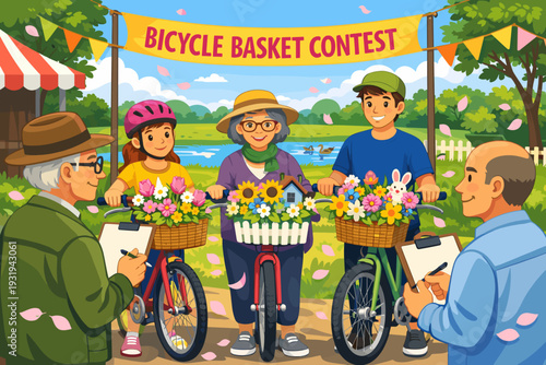 Bicycle basket contest takes place in a park with people and decorated bikes on a sunny day during spring