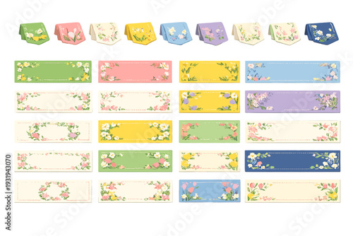 Collection of colorful name cards with floral designs on display for a crafting project or event decoration in a bright setting
