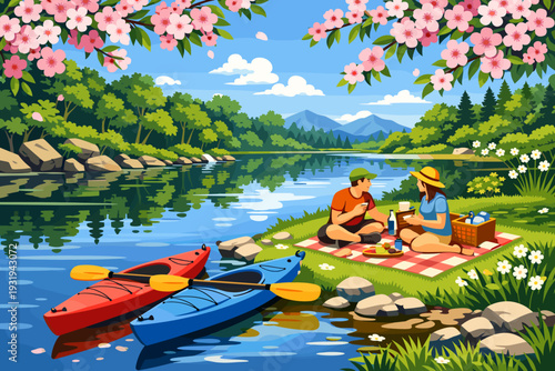Couple enjoys a picnic by the river while kayaks rest on the shore in a green area during a sunny day