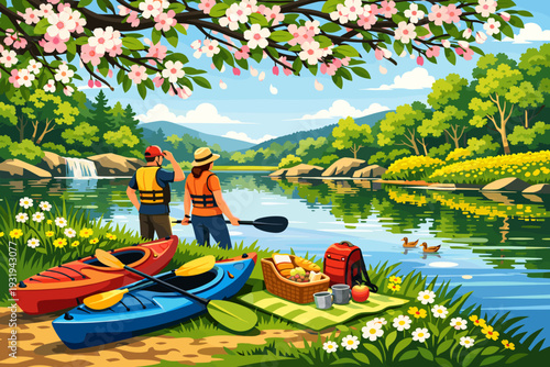 Couple enjoys kayaking and a picnic by the river in a sunny landscape with flowers and trees