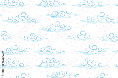 Cloud patterns in light blue on a white background with swirls drawn for a decorative design or fabric print