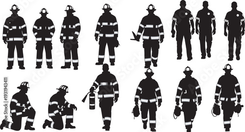 Black silhouette illustration of twelve firefighter figures in diverse poses and gear, symbolizing emergency response, safety, rescue, teamwork, and professional firefighting concept art.