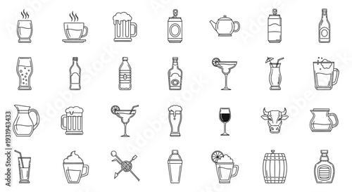 line art drink icons collection featuring various beverages like coffee beer cocktails and bar tools for design.