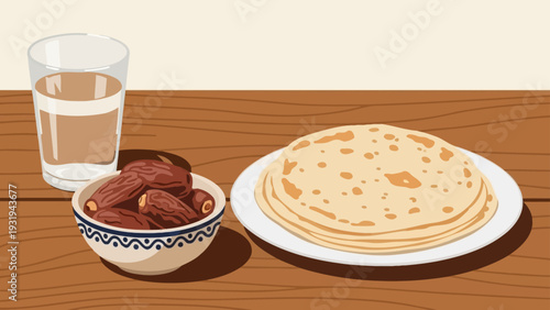 traditional iftar meal with dates water and flatbread on a rustic wooden table perfect for cultural food blogs