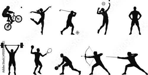 Silhouette vector illustration of diverse sports athletes including cycling, dancing, golfing, volleyball, weightlifting, tennis, basketball, archery, fencing.