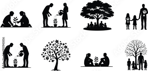 Black silhouette illustrations of family tree planting gardening and community nurturing nature environmental conservation concept isolated on white background eco friendly lifestyle vector set