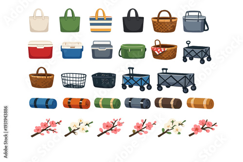 Different types of bags and coolers for outdoor activities and gatherings during the daytime