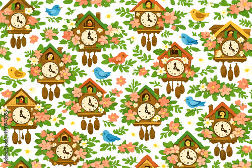Colorful clock pattern with birds and flowers in a light background showing various designs and shapes throughout