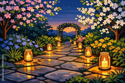 Pathway with flowers and candles leading to an arch at dusk in a garden setting