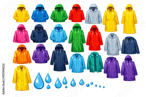 Different colors of raincoats are displayed with various water drops in a simple design for outdoor use in wet weather