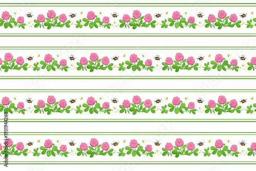 Floral pattern with pink clover flowers and small bees on a green stripe background during daylight hours