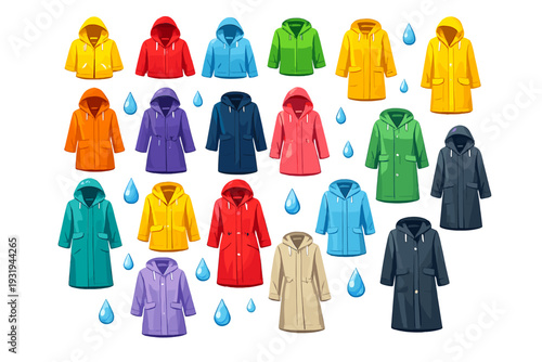 Colorful raincoats displayed in a grid with drops of water on a white background