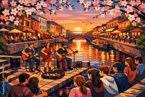 Sunset music performance by the canal with a crowd enjoying the show on a spring evening