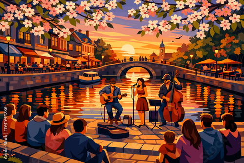 Live music performance by the river during sunset in a lively town square with people enjoying the show