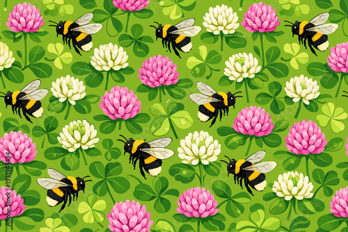 Bees flying over flowers in a garden with green clover and pink and white blooms during daytime