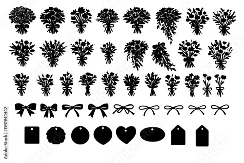 Different types of flower arrangements and ribbon designs are displayed for craft and decoration ideas in creative projects