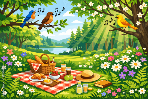 Picnic in a sunny park by the lake with birds singing and flowers blooming on a warm day in spring