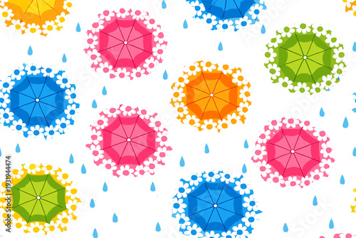 Colorful umbrellas with flowers and raindrops on a white background in a fun and lively design