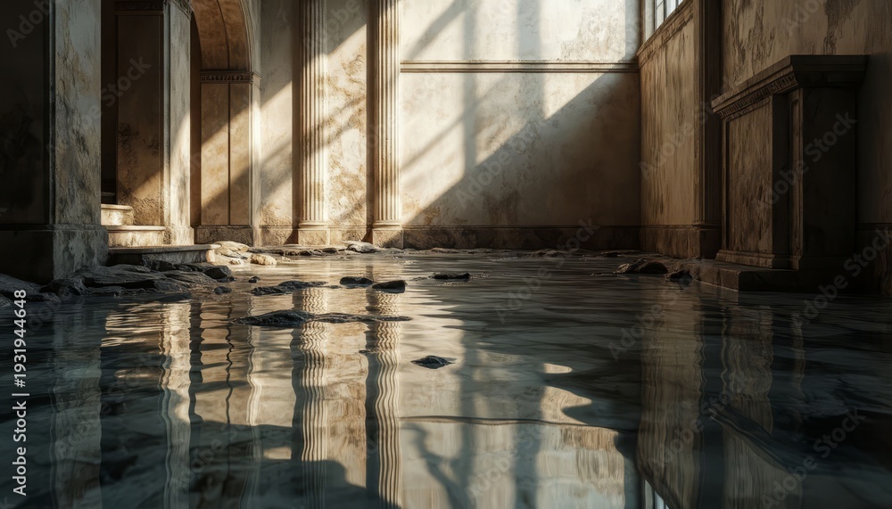 Fototapeta premium a flooded interior with water covering the floor. Light streams through openings, casting shadows on the water's surface and the surrounding ruins.
