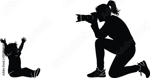 Silhouette vector illustration of photographer capturing child portrait, family moment, childhood memory, camera shooting scene, joyful interaction concept.