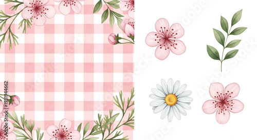 Pink gingham pattern background with watercolor cherry blossoms and spring floral garden elements set