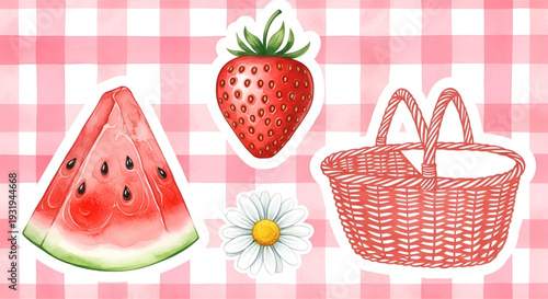 Summer picnic sticker set with watercolor strawberry watermelon basket and daisy on gingham background