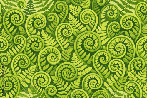 Ferns growing in a forest showing spiral shapes and different shades of green during the daytime in spring season